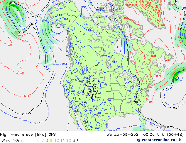 High wind areas GFS mié 25.09.2024 00 UTC