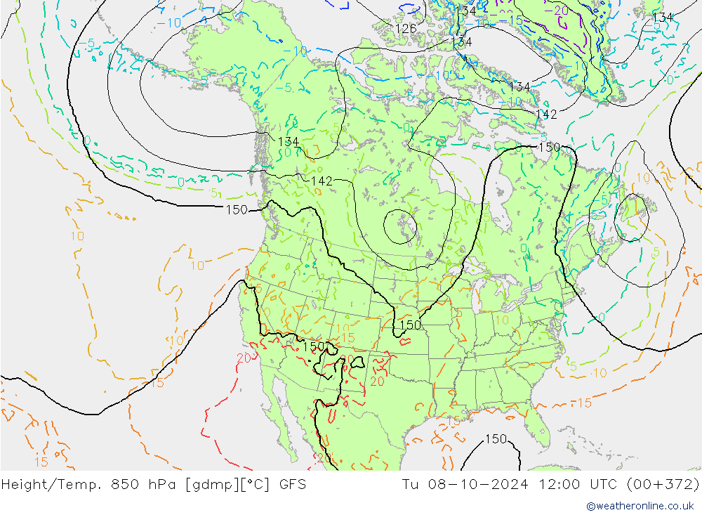 Height/Temp. 850 hPa GFS Út 08.10.2024 12 UTC