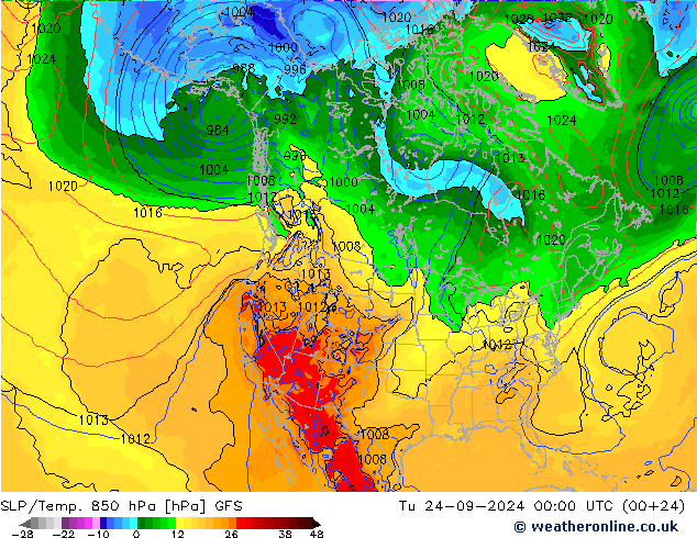 SLP/Temp. 850 hPa GFS 星期二 24.09.2024 00 UTC