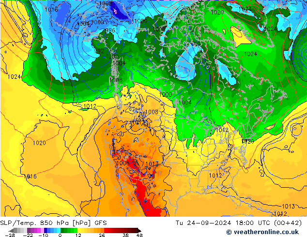 SLP/Temp. 850 гПа GFS вт 24.09.2024 18 UTC