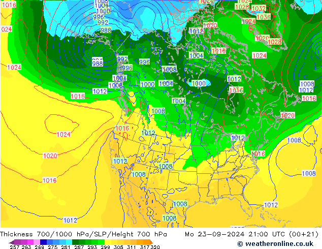 Thck 700-1000 гПа GFS пн 23.09.2024 21 UTC