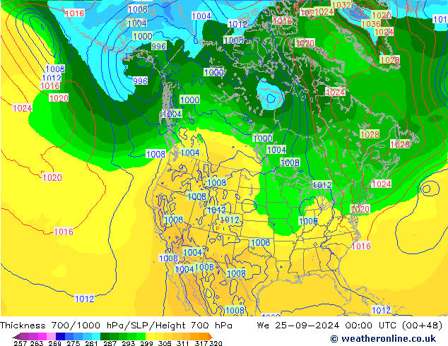 Espesor 700-1000 hPa GFS mié 25.09.2024 00 UTC