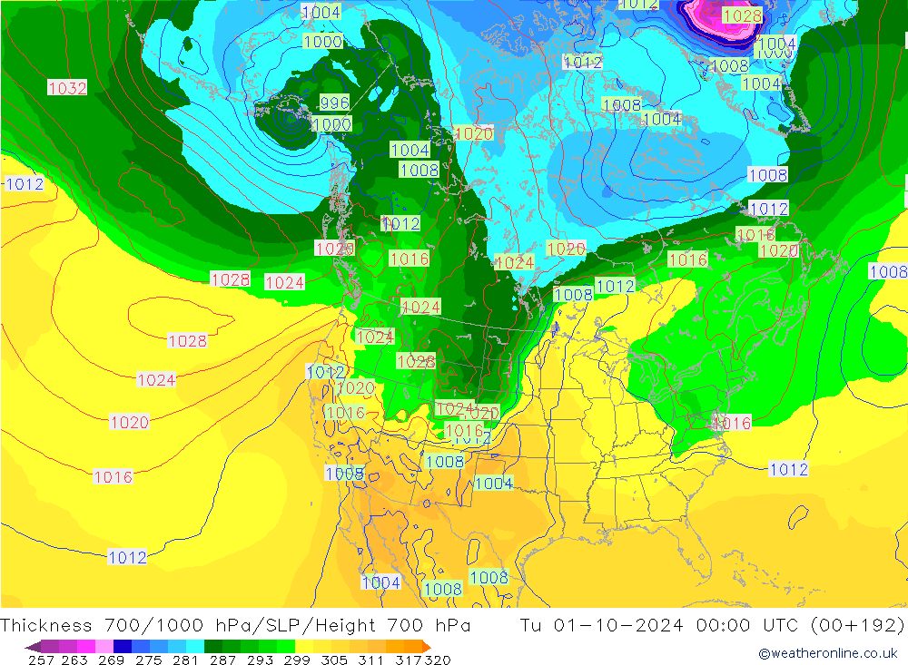 Schichtdicke 700-1000 hPa GFS Di 01.10.2024 00 UTC