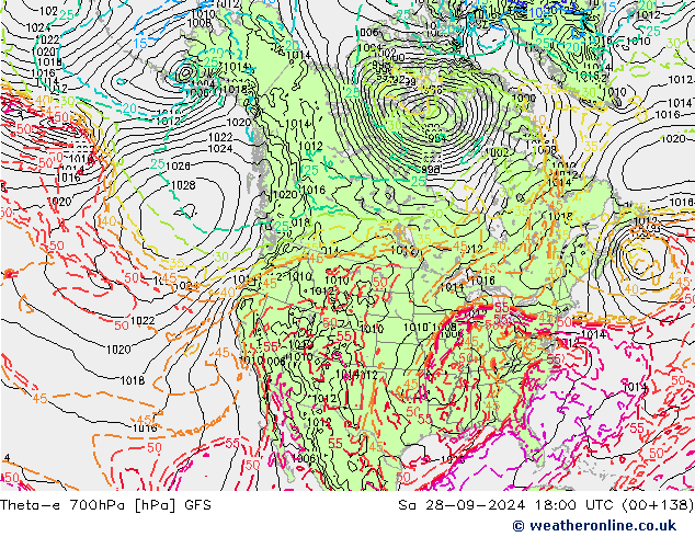 Theta-e 700hPa GFS Sa 28.09.2024 18 UTC