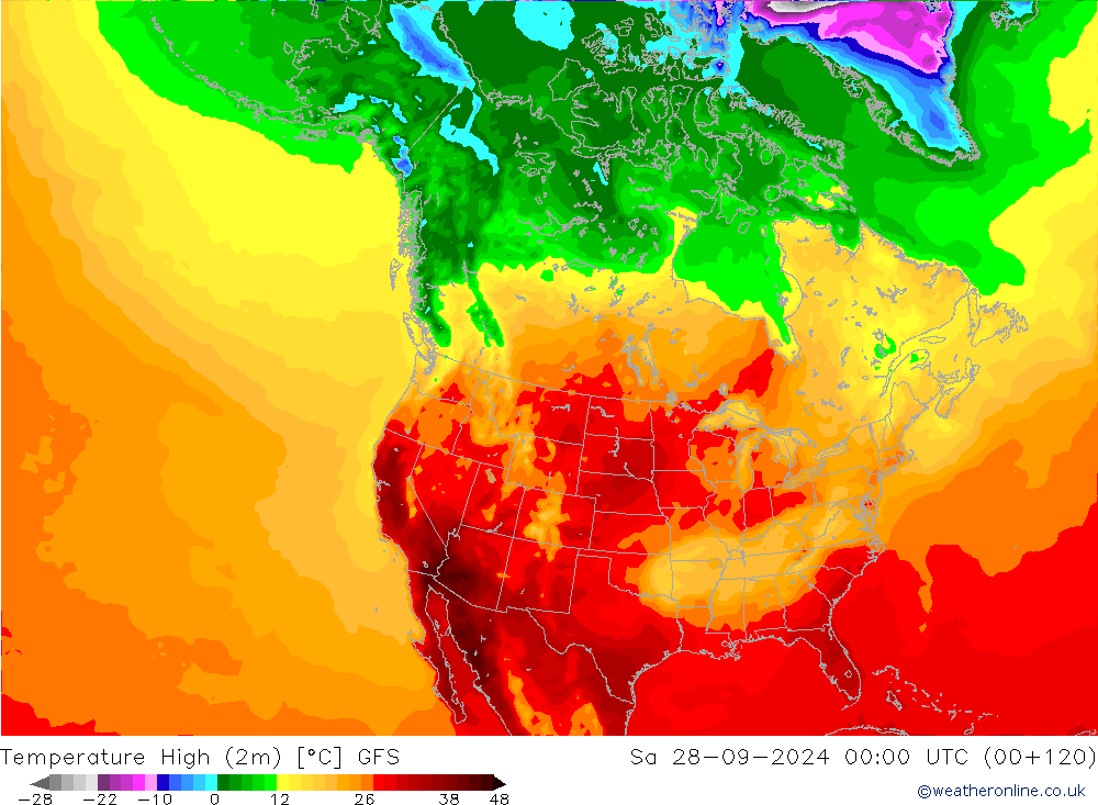 Temperature High (2m) GFS Sa 28.09.2024 00 UTC