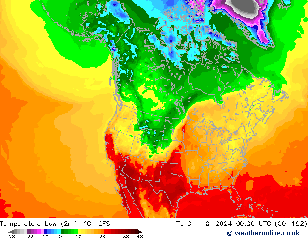 Temperature Low (2m) GFS Tu 01.10.2024 00 UTC