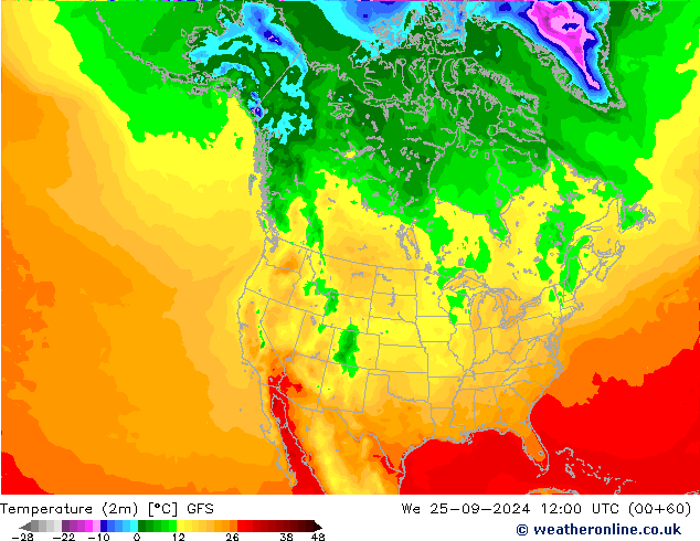 Temperatura (2m) GFS mié 25.09.2024 12 UTC