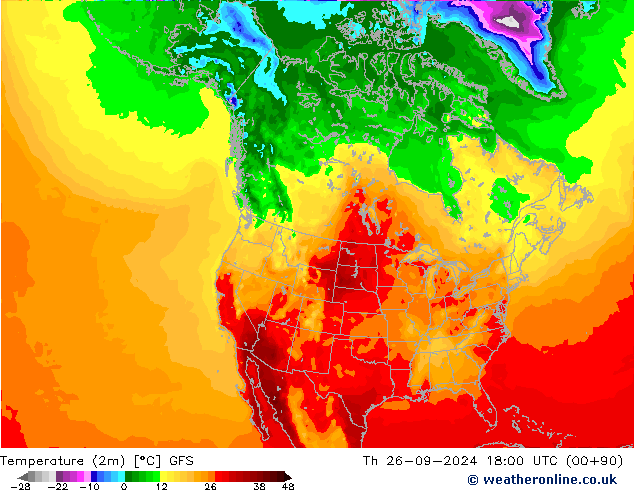 Temperature (2m) GFS Čt 26.09.2024 18 UTC