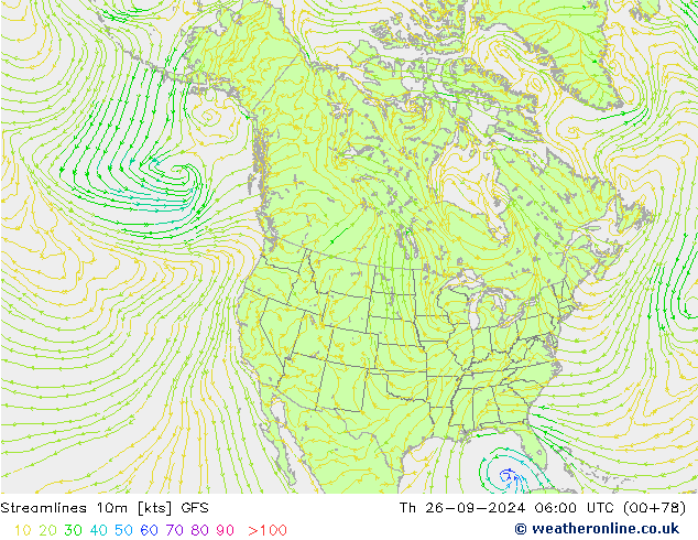 Streamlines 10m GFS Čt 26.09.2024 06 UTC