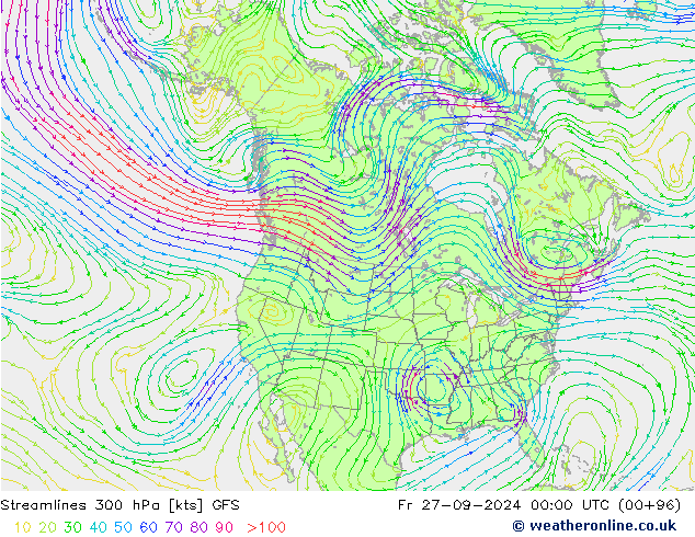 Stromlinien 300 hPa GFS Fr 27.09.2024 00 UTC