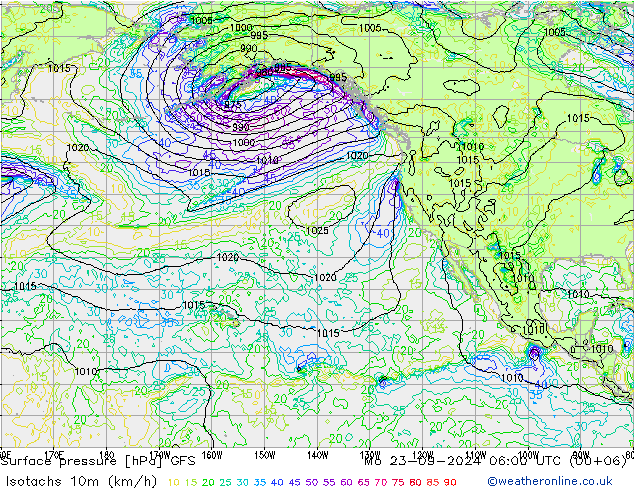 Isotachs (kph) GFS Mo 23.09.2024 06 UTC