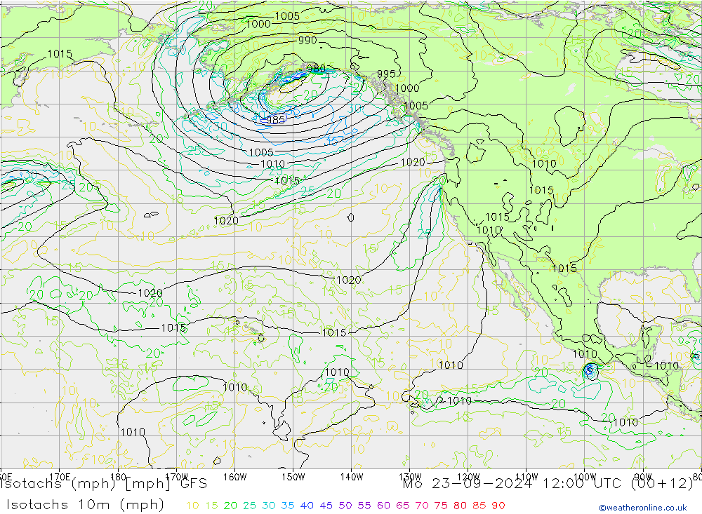 Isotachs (mph) GFS Mo 23.09.2024 12 UTC