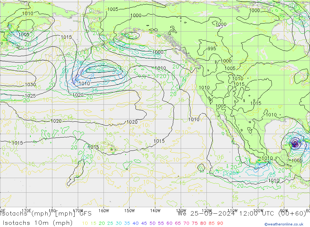 Isotachs (mph) GFS We 25.09.2024 12 UTC