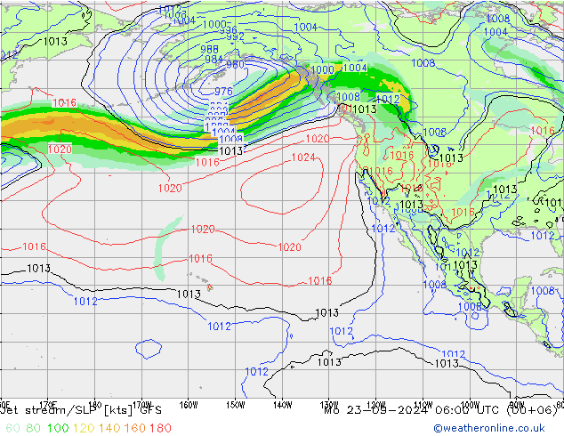 Jet stream/SLP GFS Mo 23.09.2024 06 UTC