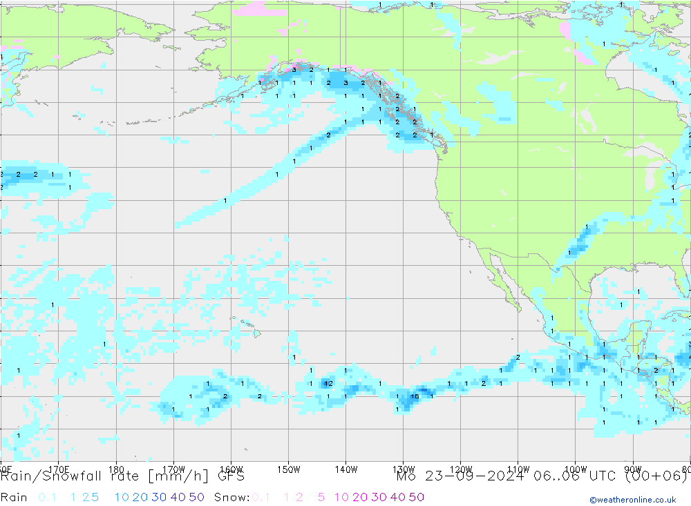 Rain/Snowfall rate GFS пн 23.09.2024 06 UTC