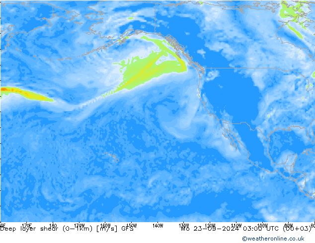 Deep layer shear (0-1km) GFS Pzt 23.09.2024 03 UTC