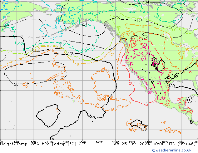 Z500/Rain (+SLP)/Z850 GFS mer 25.09.2024 00 UTC