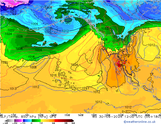 SLP/Temp. 850 hPa GFS pon. 30.09.2024 12 UTC