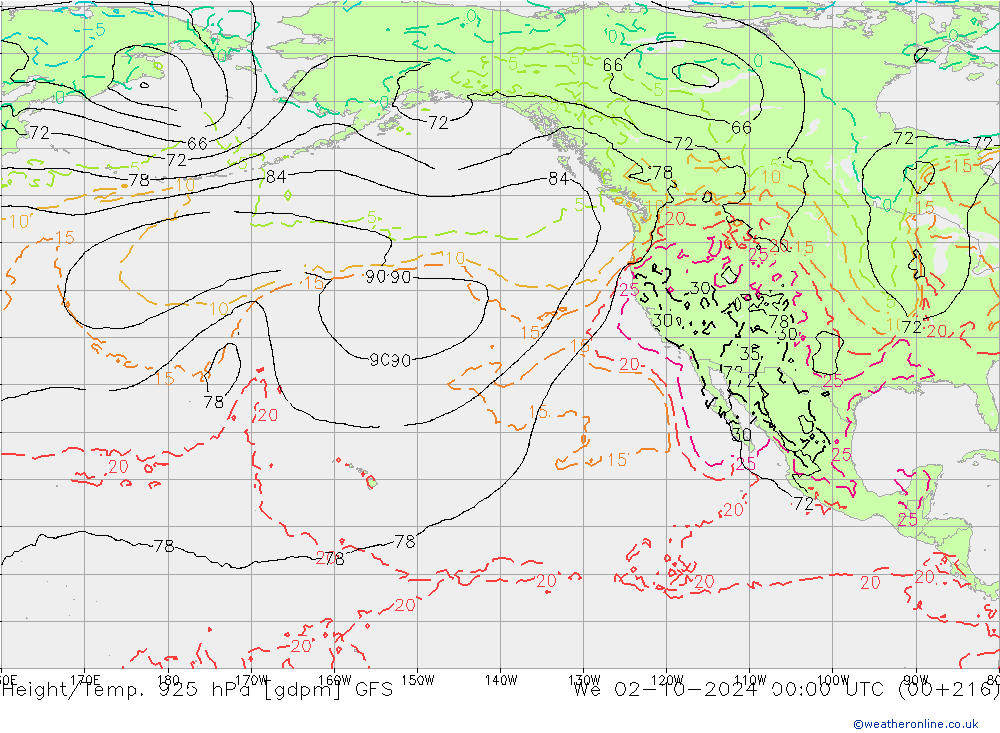 Height/Temp. 925 hPa GFS We 02.10.2024 00 UTC