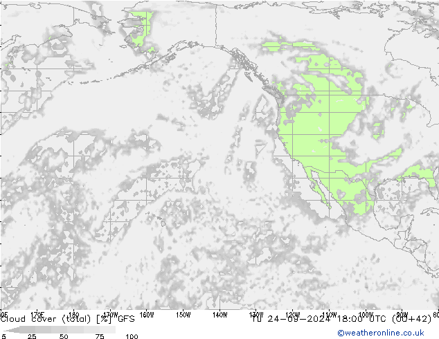 Cloud cover (total) GFS Tu 24.09.2024 18 UTC