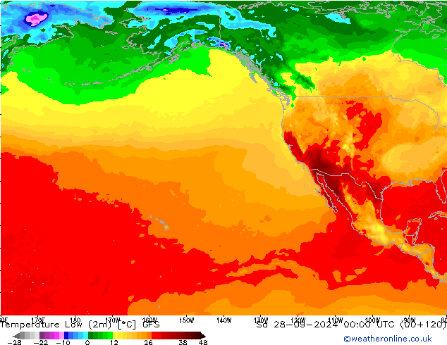 temperatura mín. (2m) GFS Sáb 28.09.2024 00 UTC