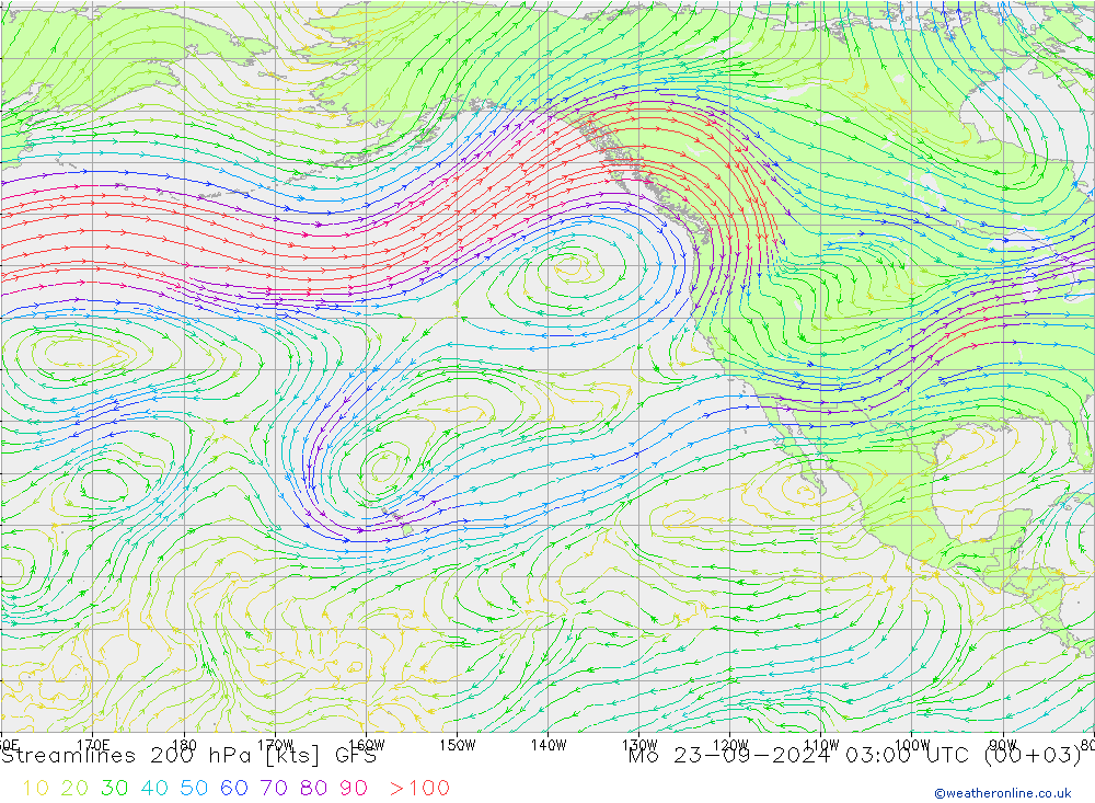 Linia prądu 200 hPa GFS pon. 23.09.2024 03 UTC