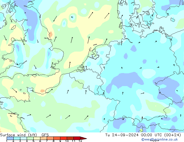 Bodenwind (bft) GFS Di 24.09.2024 00 UTC