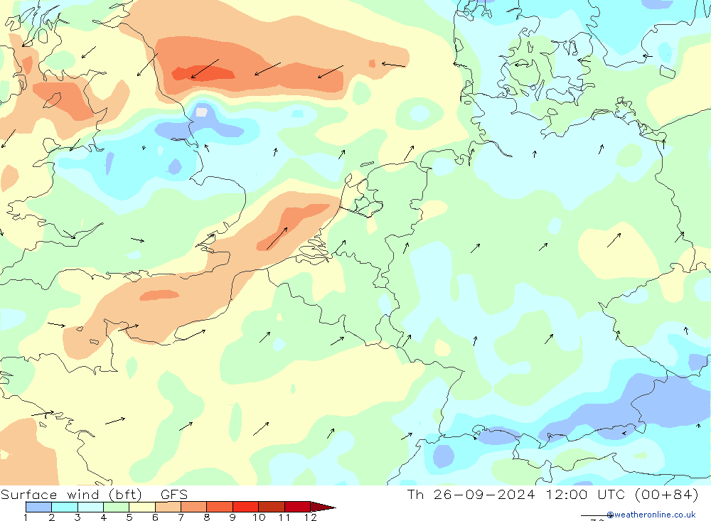 ве�Bе�@ 10 m (bft) GFS чт 26.09.2024 12 UTC