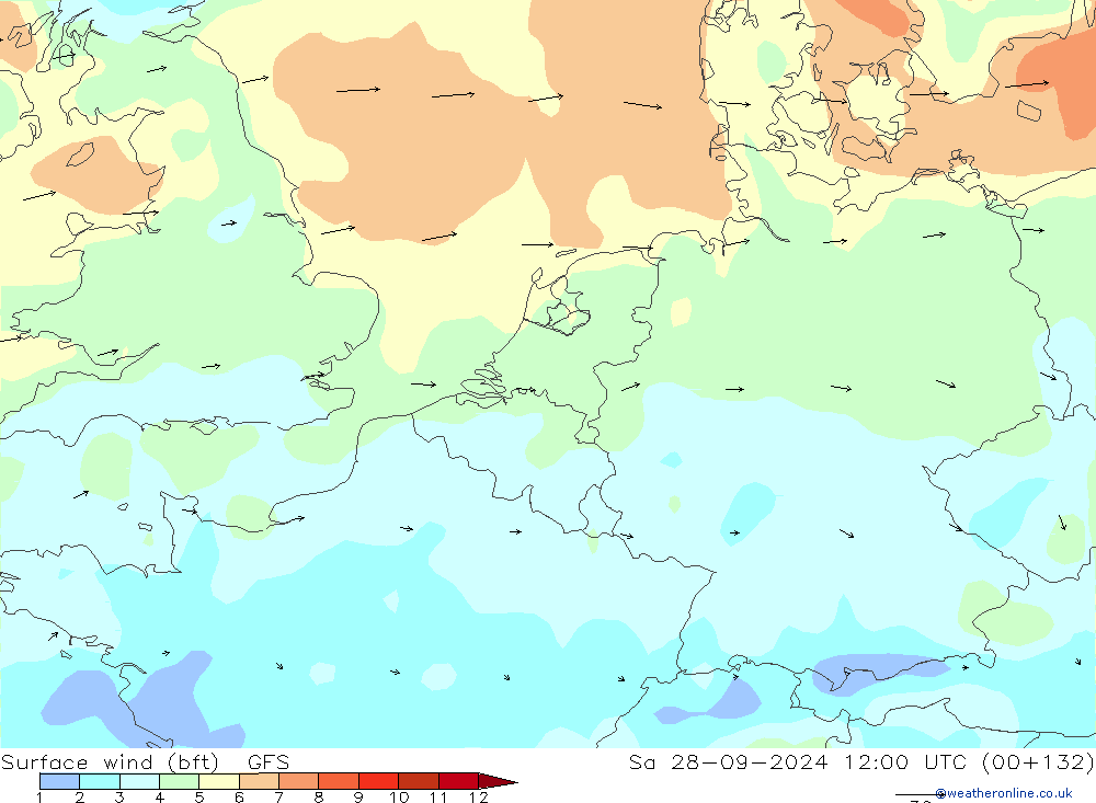 Viento 10 m (bft) GFS sáb 28.09.2024 12 UTC