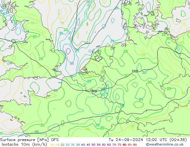 Isotachs (kph) GFS Tu 24.09.2024 12 UTC