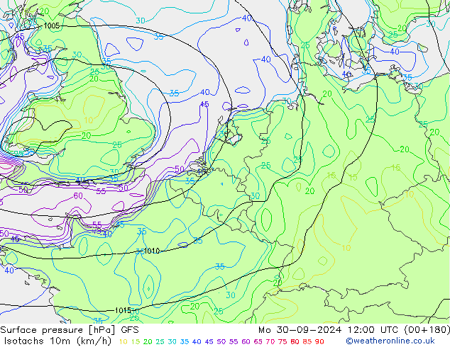 Isotachs (kph) GFS lun 30.09.2024 12 UTC