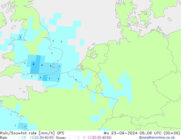 Rain/Snowfall rate GFS Mo 23.09.2024 06 UTC