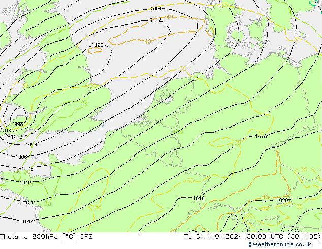 Theta-e 850hPa GFS Tu 01.10.2024 00 UTC