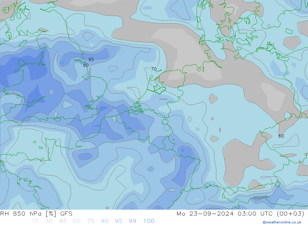 RH 850 hPa GFS pon. 23.09.2024 03 UTC