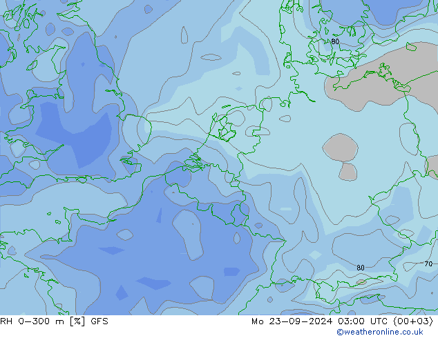 RH 0-300 m GFS Mo 23.09.2024 03 UTC