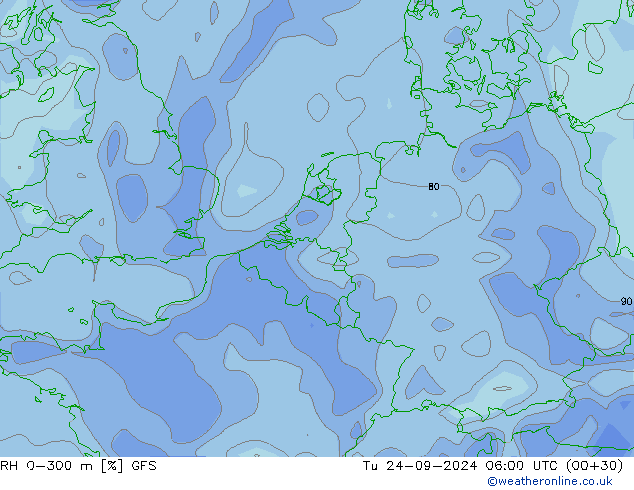 RH 0-300 m GFS Di 24.09.2024 06 UTC