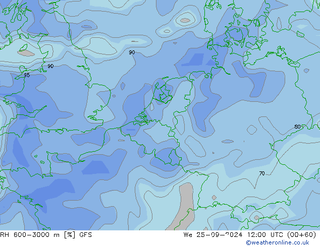 RH 600-3000 m GFS Qua 25.09.2024 12 UTC