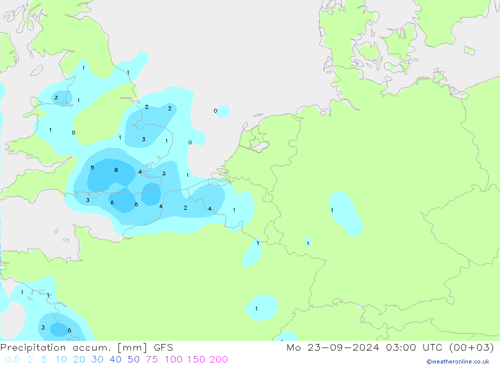 Precipitation accum. GFS pon. 23.09.2024 03 UTC