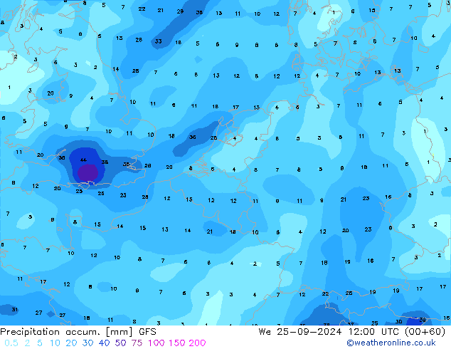 Precipitation accum. GFS St 25.09.2024 12 UTC