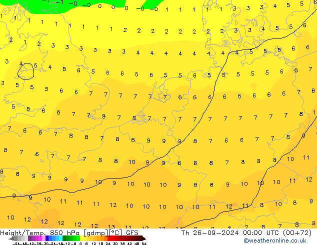 Géop./Temp. 850 hPa GFS jeu 26.09.2024 00 UTC