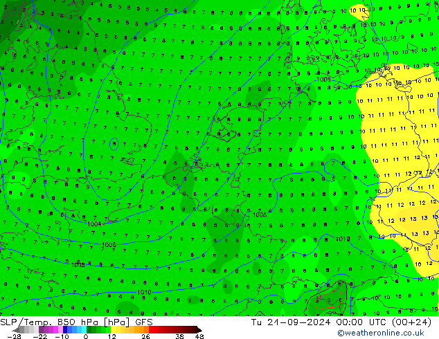 SLP/Temp. 850 hPa GFS mar 24.09.2024 00 UTC