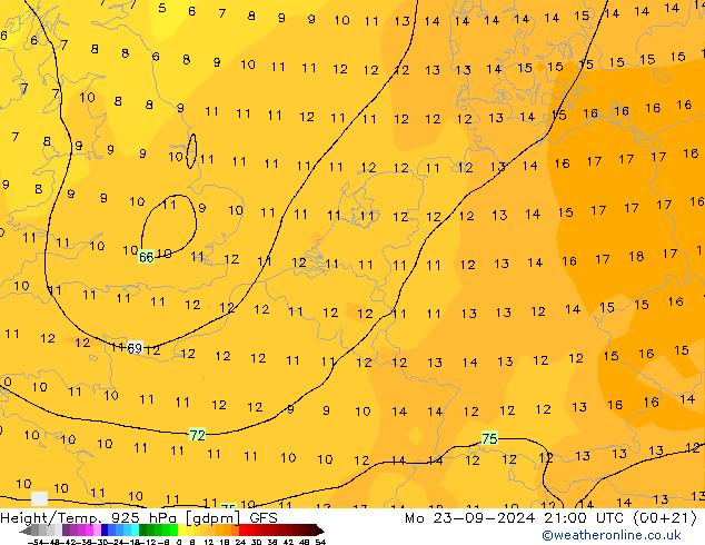 Height/Temp. 925 hPa GFS Po 23.09.2024 21 UTC