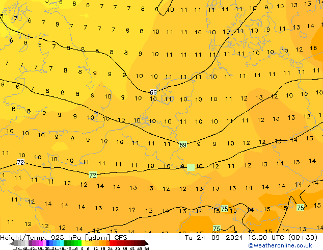 Géop./Temp. 925 hPa GFS mar 24.09.2024 15 UTC