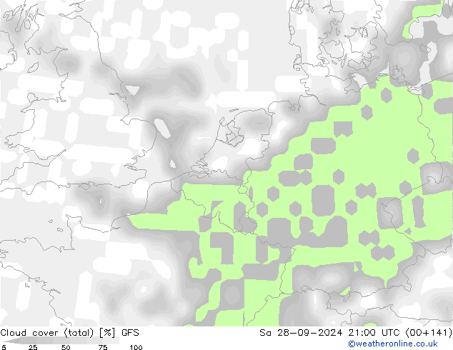 Cloud cover (total) GFS Sa 28.09.2024 21 UTC