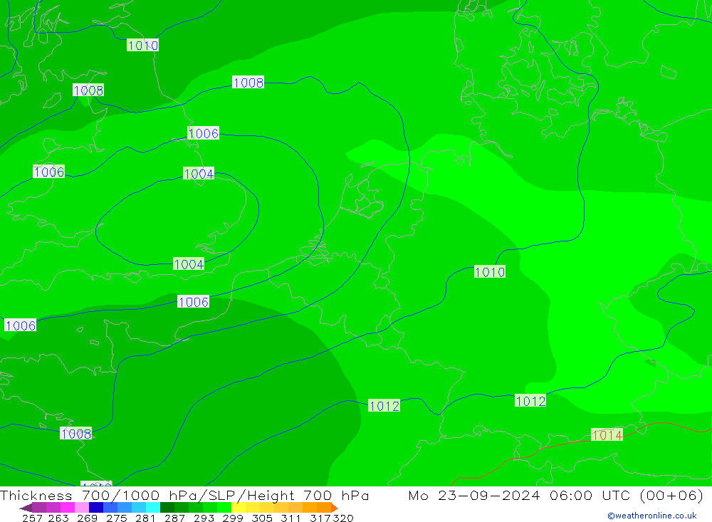 Schichtdicke 700-1000 hPa GFS Mo 23.09.2024 06 UTC