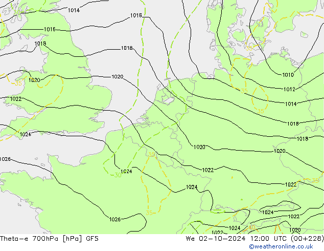 Theta-e 700hPa GFS We 02.10.2024 12 UTC