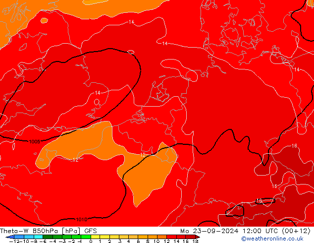 Theta-W 850hPa GFS pon. 23.09.2024 12 UTC