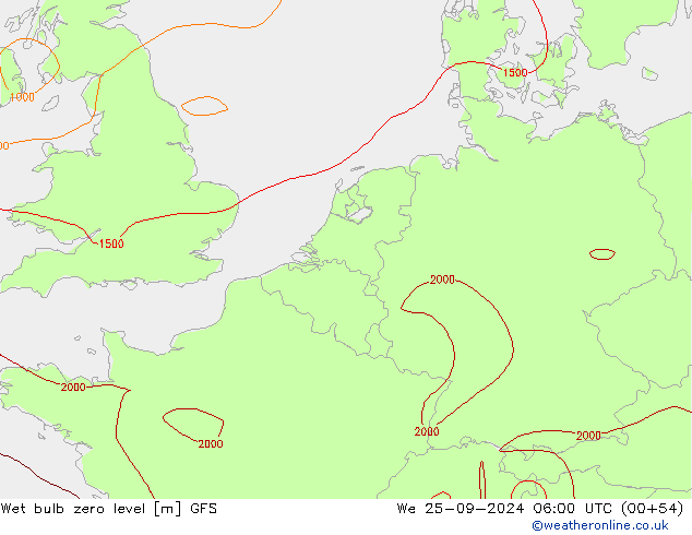 Wet bulb zero level GFS mié 25.09.2024 06 UTC