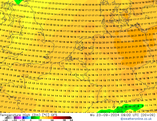 Max.temperatuur (2m) GFS ma 23.09.2024 09 UTC