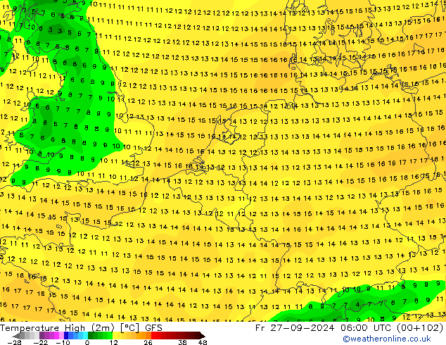 temperatura máx. (2m) GFS Sex 27.09.2024 06 UTC